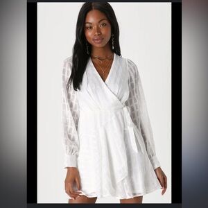 Lulus little white dress Adorable Impulse White Lurex Burnout Wrap Mini Dress